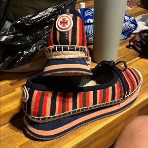Tory Burch Red and Navy Striped Espadrilles